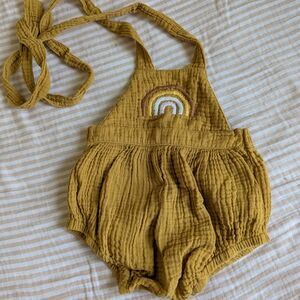 Wild Wawa Mustard Yellow Baby Romper with Rainbow Embroidery